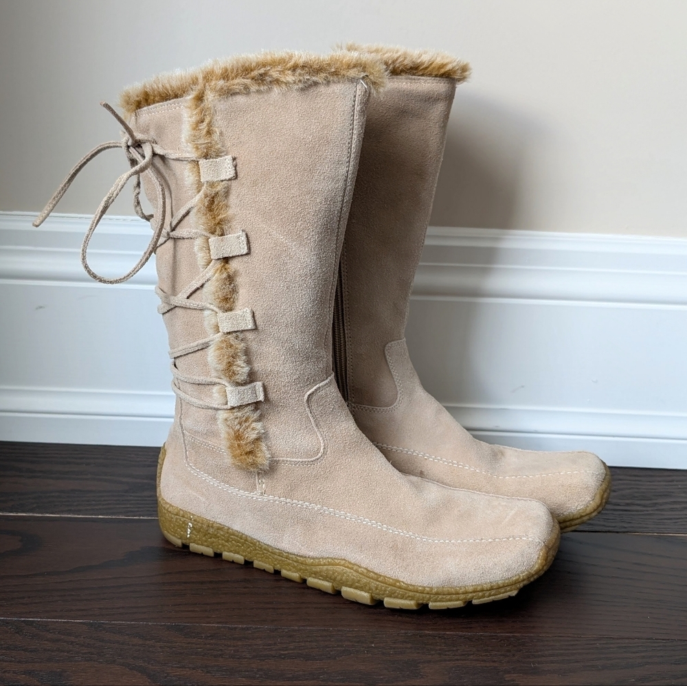 Denver Hayes Tan Faux Suede Winter Boots with Faux Fur Trim